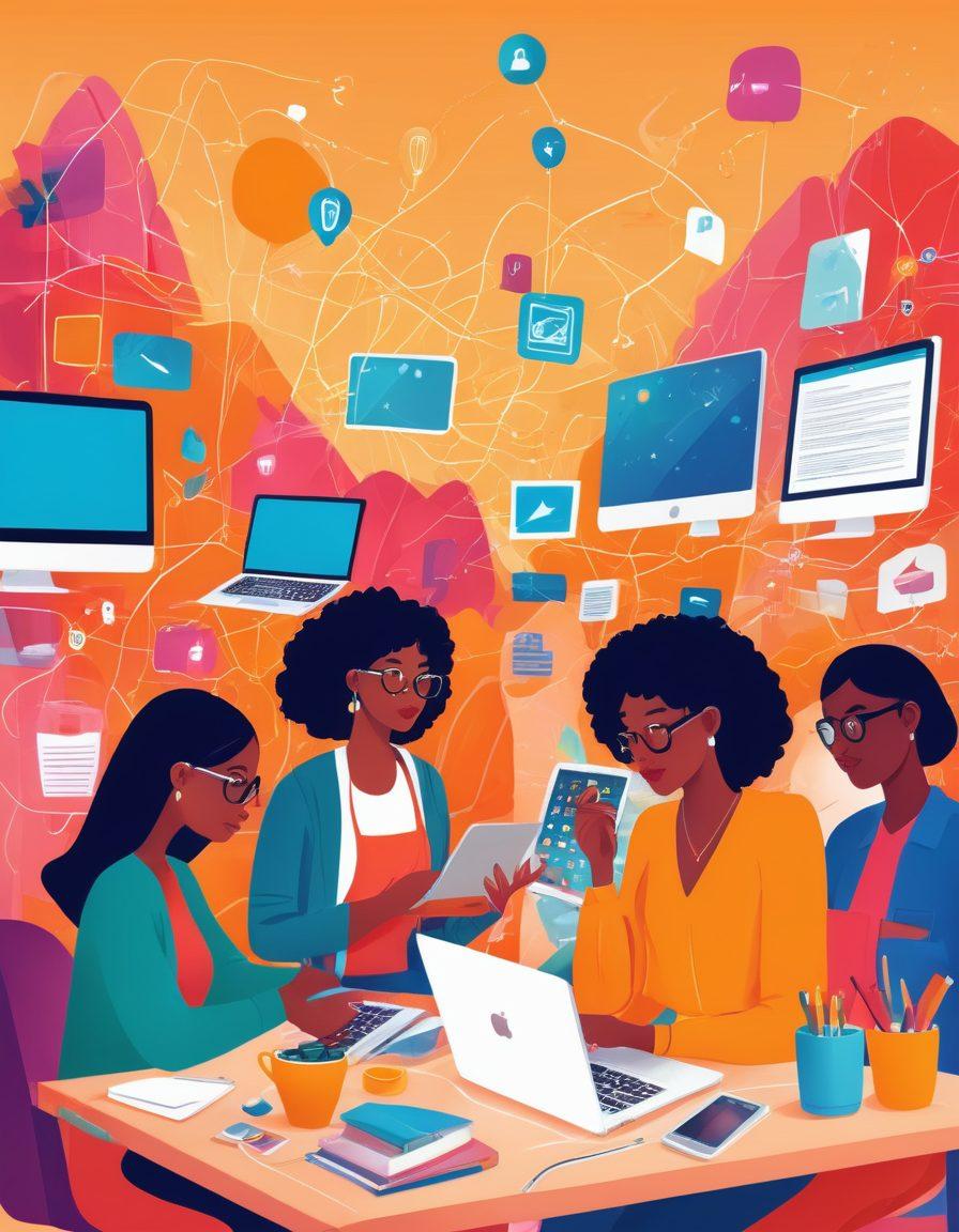 A vibrant and stylized illustration of a diverse group of bloggers interacting in a lively digital world, surrounded by colorful blog posts, icons, and gadgets. The scene captures creativity with unique blogging styles represented through their attire and devices. Soft, inviting lighting adds a touch of warmth, while a whimsical landscape of floating visuals illustrates the blogosphere. Include elements like pens, laptops, and a network of connected thoughts. vivid colors. vector art.