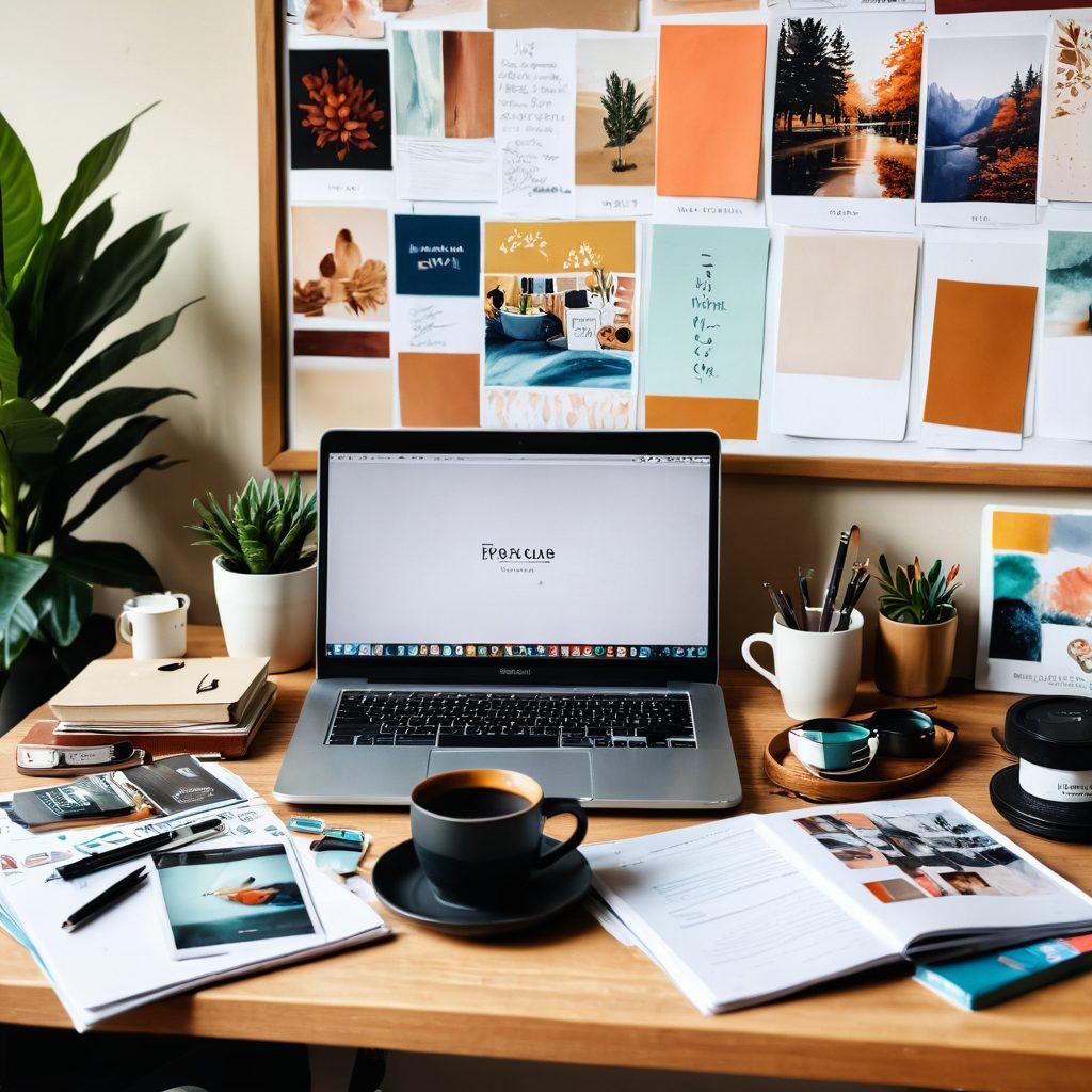 A cozy workspace featuring a laptop open to a vibrant lifestyle blog, surrounded by grooming products, a steaming cup of coffee, and colorful notebooks. In the background, a mood board with images representing diverse hobbies and personal interests. Soft natural light filters in, creating an inviting atmosphere. painting. warm tones. casual and artistic vibe.