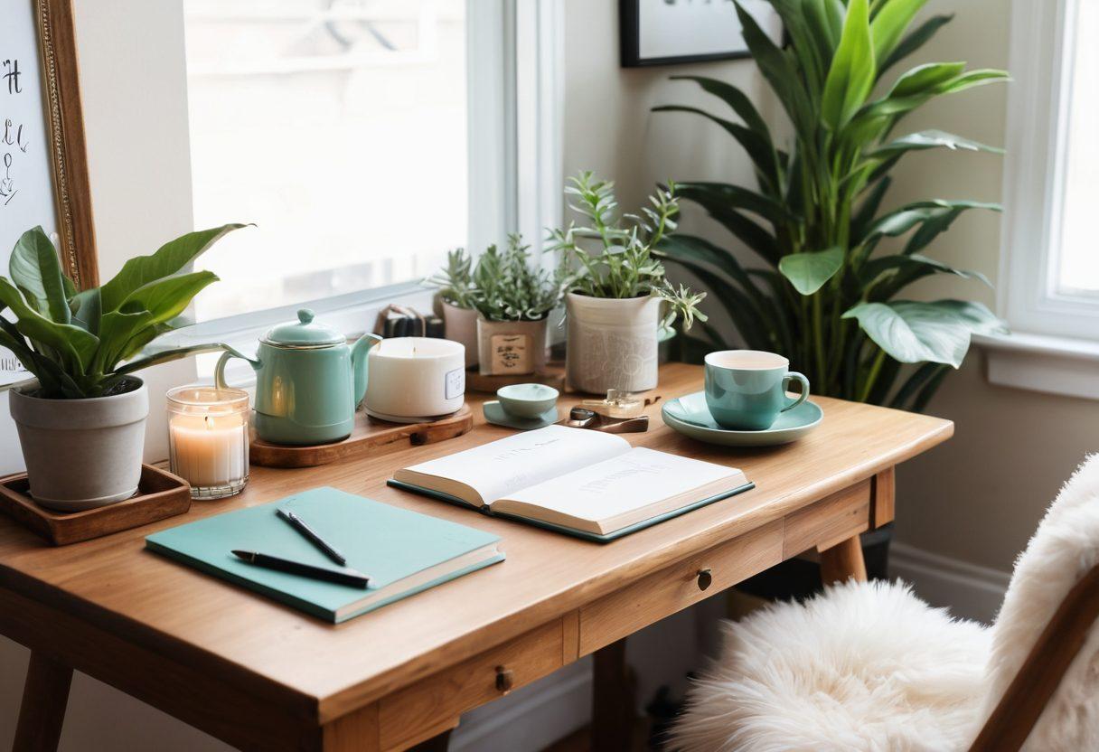 A serene workspace featuring a stylish desk adorned with vibrant stationery, a laptop open to a blog post, and lush indoor plants. Showcase a cozy corner with a comfortable chair, surrounded by inspiring quotes and creativity-driven decor. Include a harmonious blend of self-care items like candles, skincare products, and a steaming cup of tea. The color palette should be soothing yet energizing, reflecting personal growth and creativity. super-realistic. vibrant colors. cozy atmosphere.